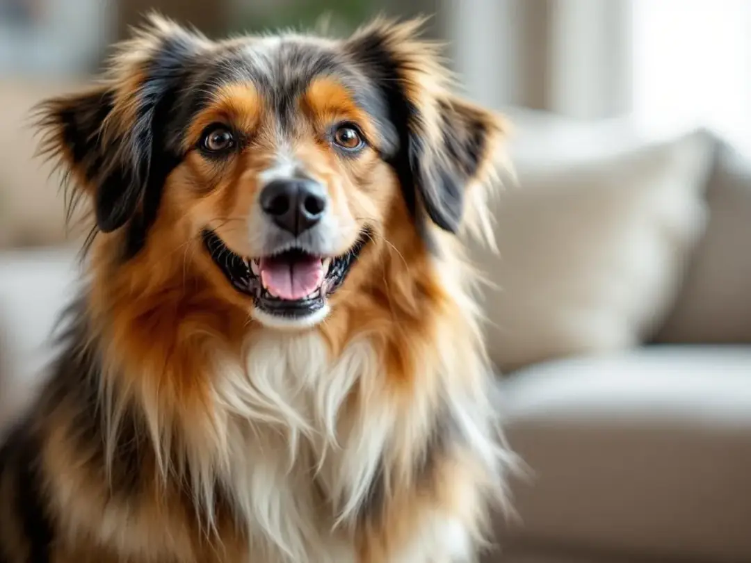 The image depicts a joyful senior dog with a shiny coat and vibrant energy, showcasing the positive effects of...