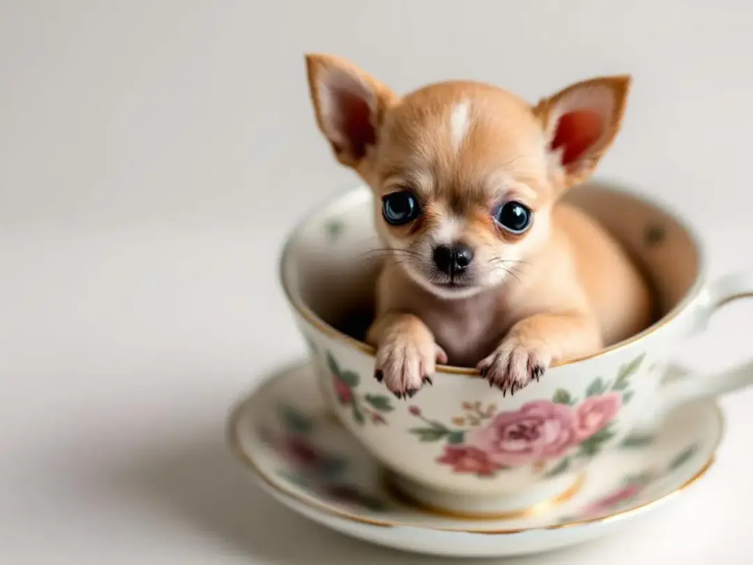 A tiny Chihuahua puppy is nestled comfortably in a teacup, showcasing its adorable size and charm, perfect for a new...