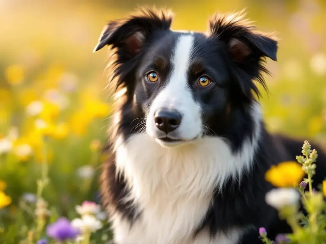 A Border Collie with striking black and white markings sits gracefully in a vibrant meadow, embodying the playful...