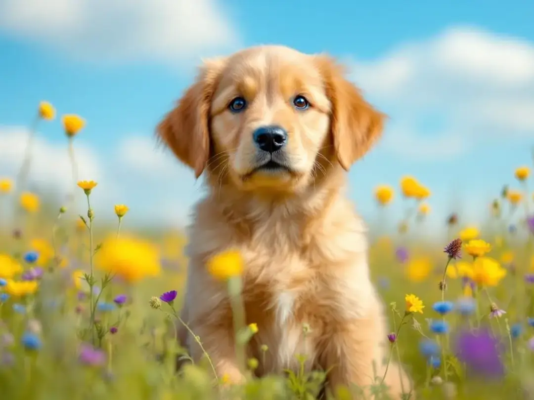 A playful Golden Retriever puppy sits among vibrant wildflowers in a sunny meadow, embodying the joy and inspiration...