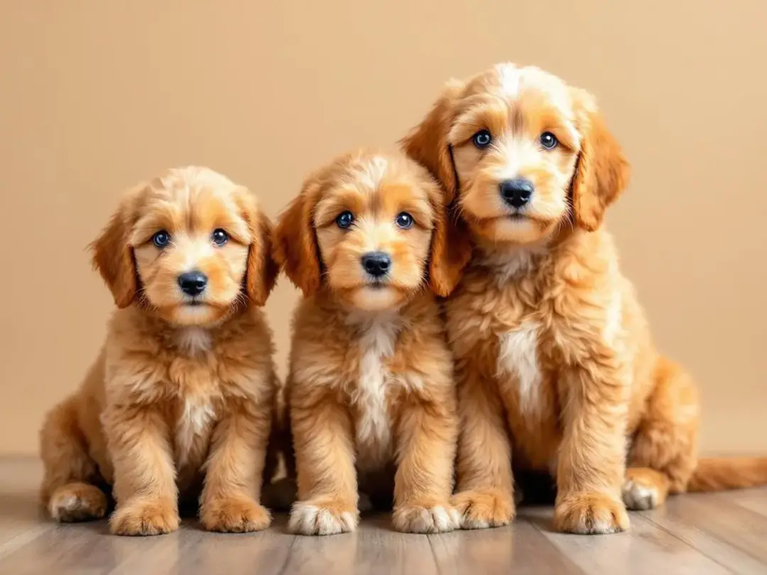 In this comparison photo, a toy goldendoodle, a miniature goldendoodle, and a medium goldendoodle sit together...