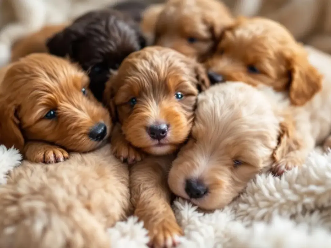 A group of adorable goldendoodle puppies in various colors, including apricot, chocolate, and cream, are lying together...
