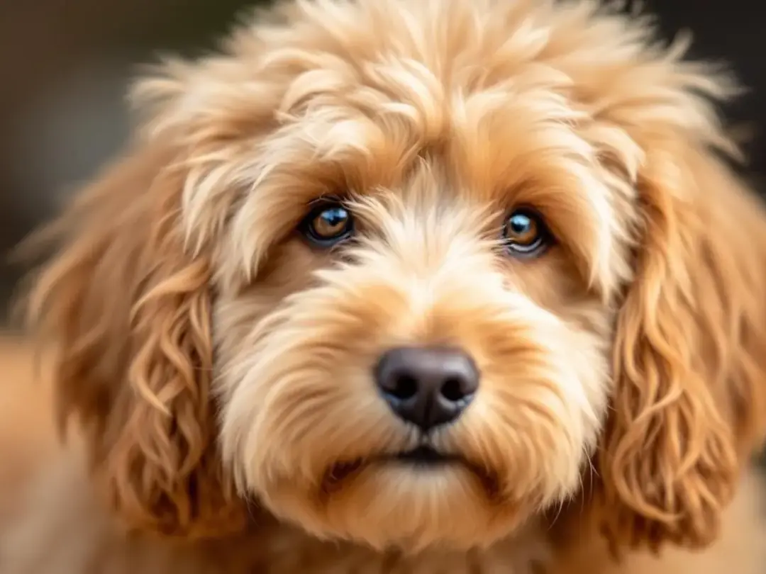A close-up photo of a goldendoodle showcases its wavy, curly coat texture, highlighting the adorable fur that makes...