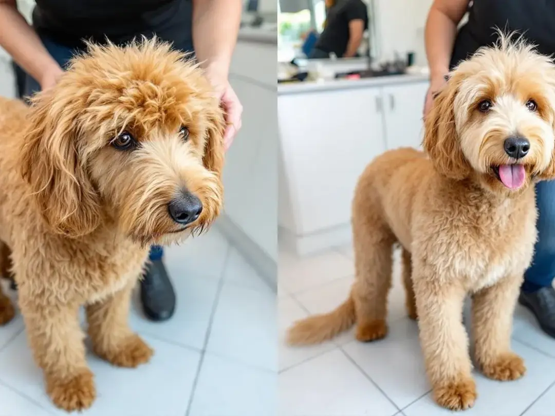 A mini goldendoodle is being groomed, showcasing a before and after comparison that highlights its curly coat...