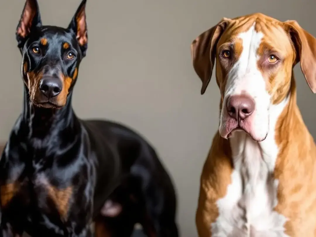The image features various large breed dogs, including Doberman Pinschers and Great Danes, which are known to be prone...
