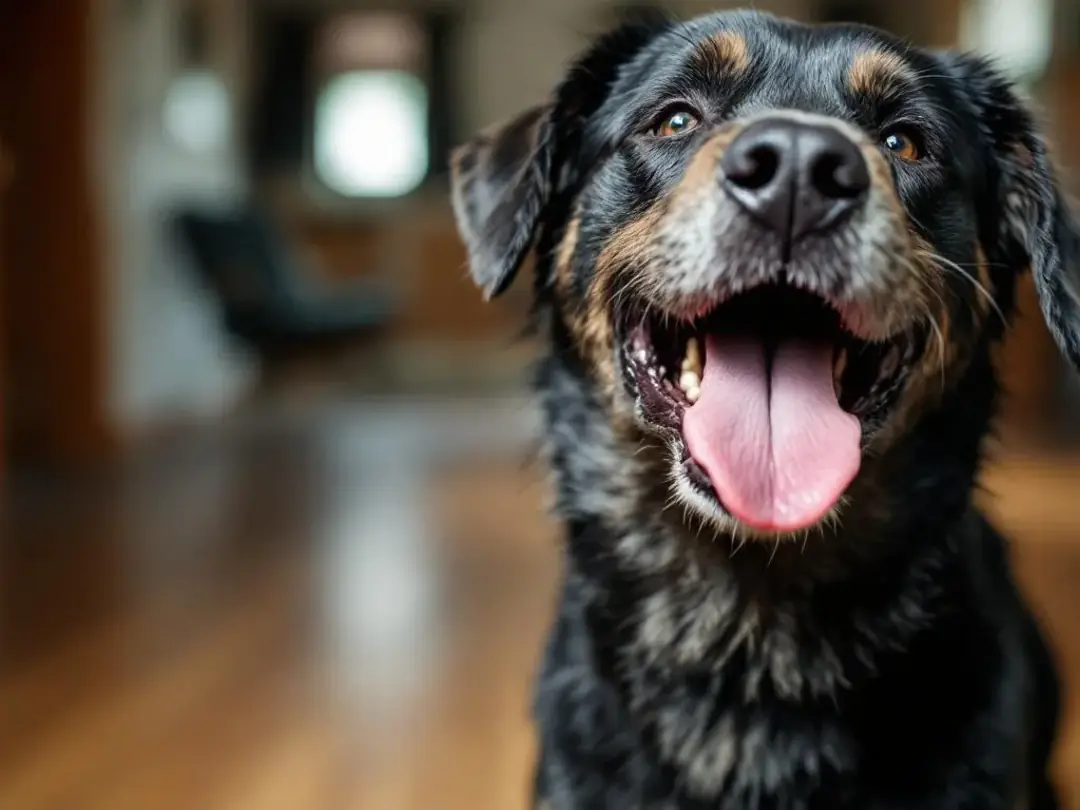 A dog is depicted with its mouth open, panting heavily, indicating difficulty breathing, which may suggest underlying...