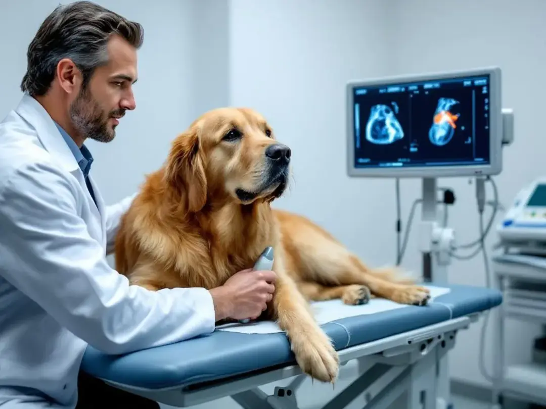 A veterinarian is performing an echocardiogram on a large breed dog, likely assessing for signs of heart disease such...