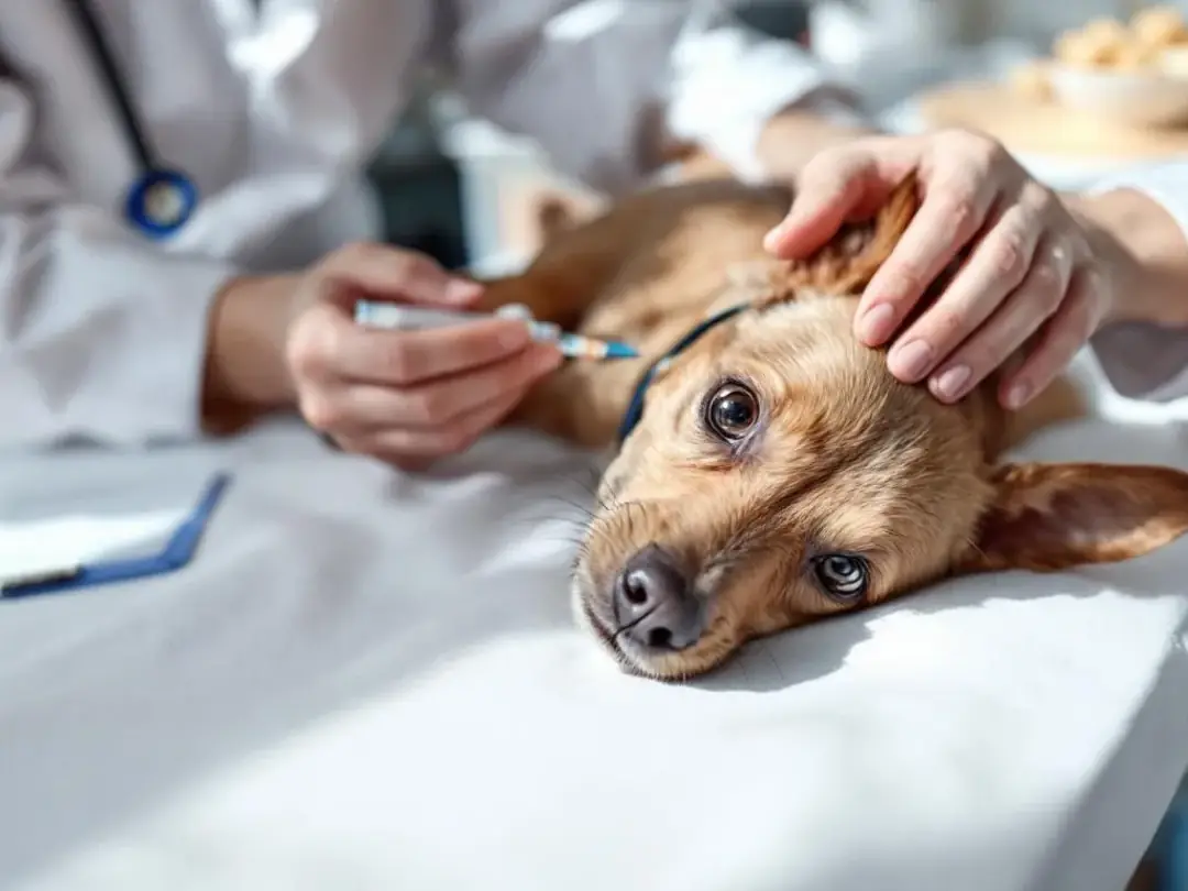 A veterinarian is administering medication to a dog, likely a breed predisposed to heart disease, such as a Doberman...