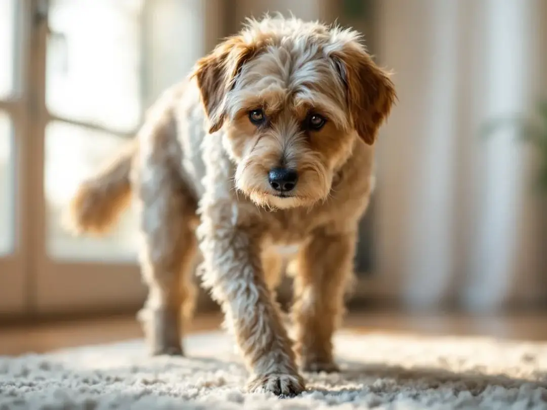 A senior dog, possibly a German Shepherd or a Chesapeake Bay Retriever, is struggling to stand up, indicating early...