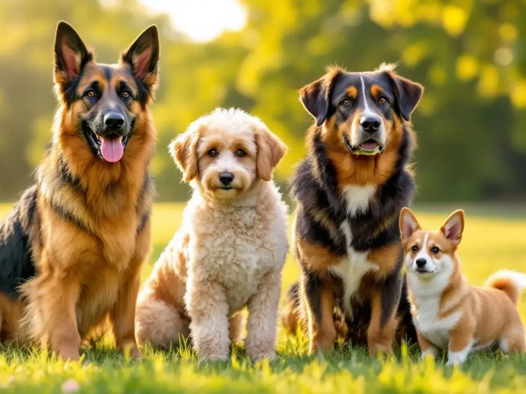 A group photo features various dog breeds, including German Shepherds, Bernese Mountain Dogs, and Chesapeake Bay...