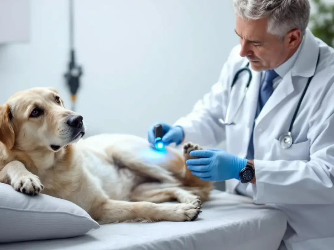 A veterinarian is carefully examining a senior dog's hind legs during a neurological assessment, checking for signs of...