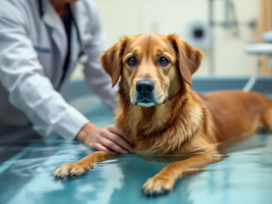 A dog undergoing physical therapy in a hydrotherapy pool is being assisted by a veterinary rehabilitation specialist...