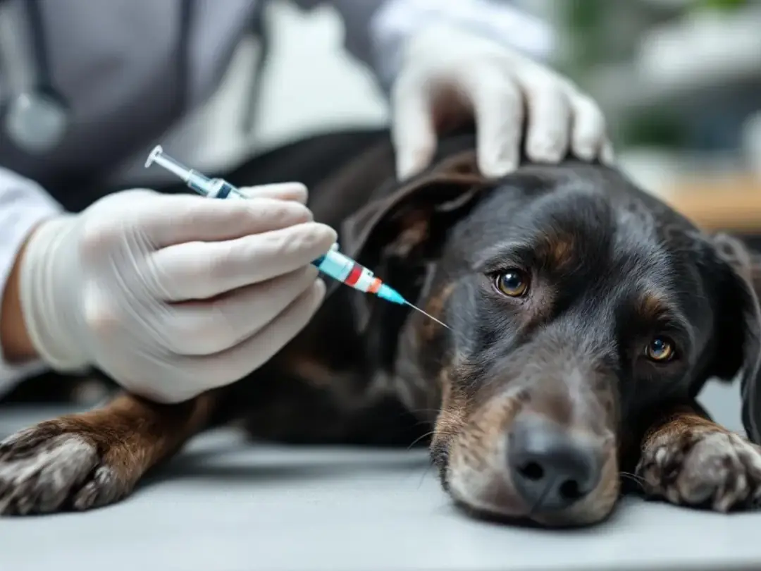 In the image, an owner is carefully administering an insulin injection to their dog, demonstrating the proper treatment...
