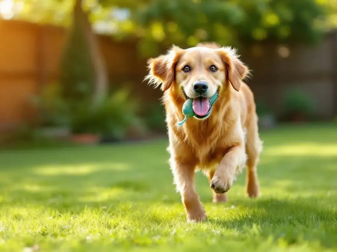 A joyful senior dog is playing in a lush yard, showcasing the vibrant life that well-managed diabetic dogs can lead...