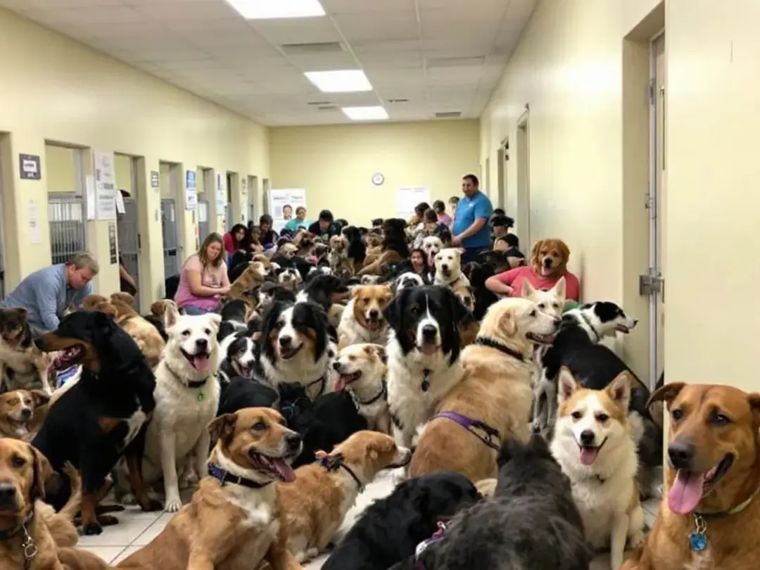 In a crowded shelter environment, several unvaccinated dogs are seen congregating, highlighting the risk of canine...