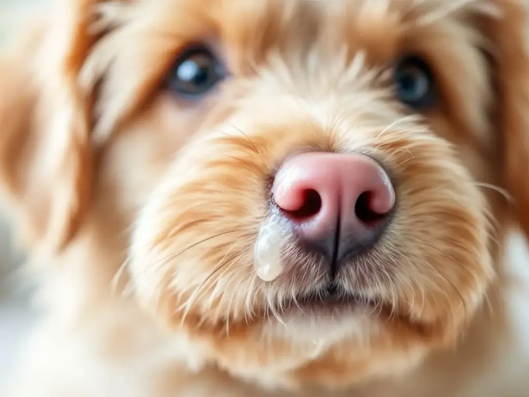 A close-up of a dog's face reveals noticeable nasal discharge, which can be a clinical sign of canine distemper virus...