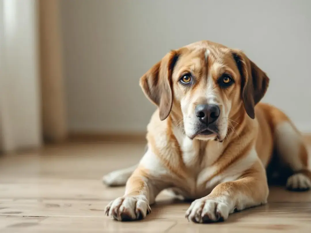 A disoriented dog shows neurological symptoms, such as difficulty maintaining balance and a vacant stare, indicating...