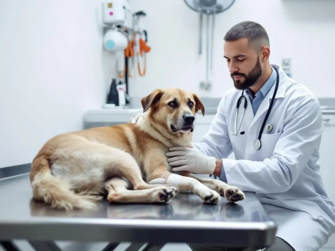 A veterinarian is examining a sick dog in a clinical setting, focusing on its symptoms and health status. The dog shows...