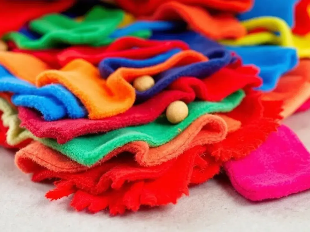 A colorful fleece snuffle mat is filled with fabric strips, hiding various dog treats throughout, providing a fun and...