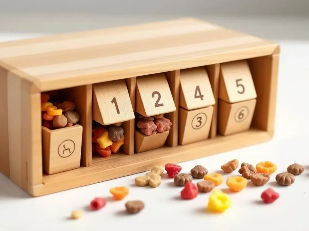 The image features a wooden puzzle feeder box designed for dogs, showcasing sliding compartments filled with dog...