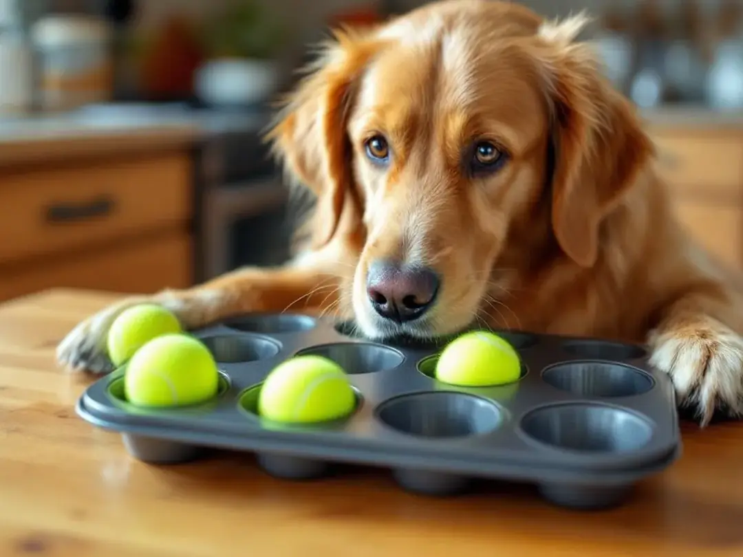 A happy dog is successfully solving a muffin tin puzzle by using its paws to remove tennis balls, revealing its...