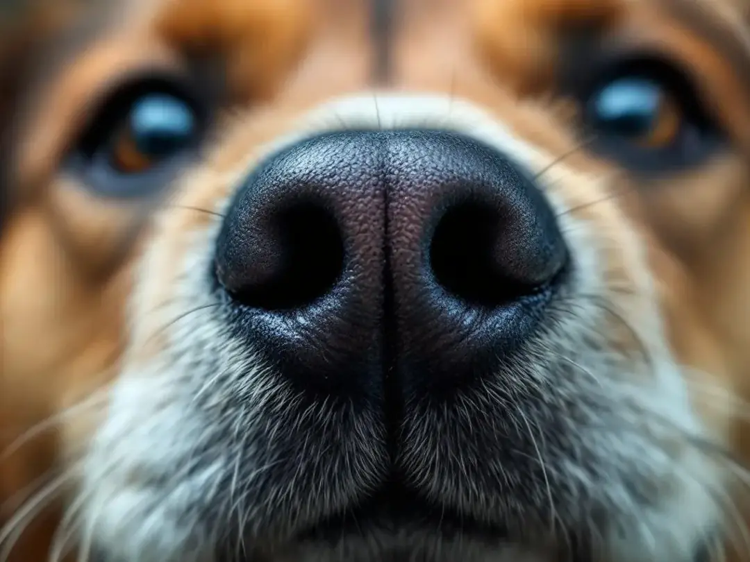 A close-up of a dog's nose, showcasing its texture and detail as it sniffs the air with intense concentration...