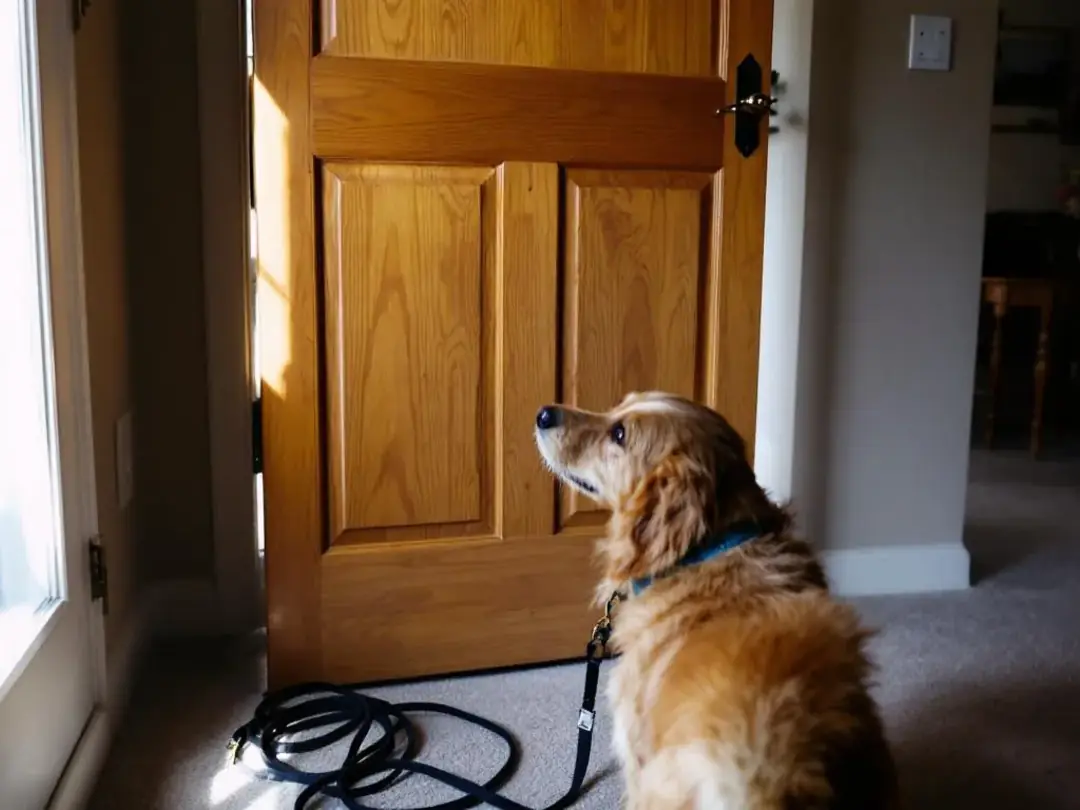 A dog stands by the front door, tail wagging with excitement as it waits for its pet parent to arrive home, showcasing...