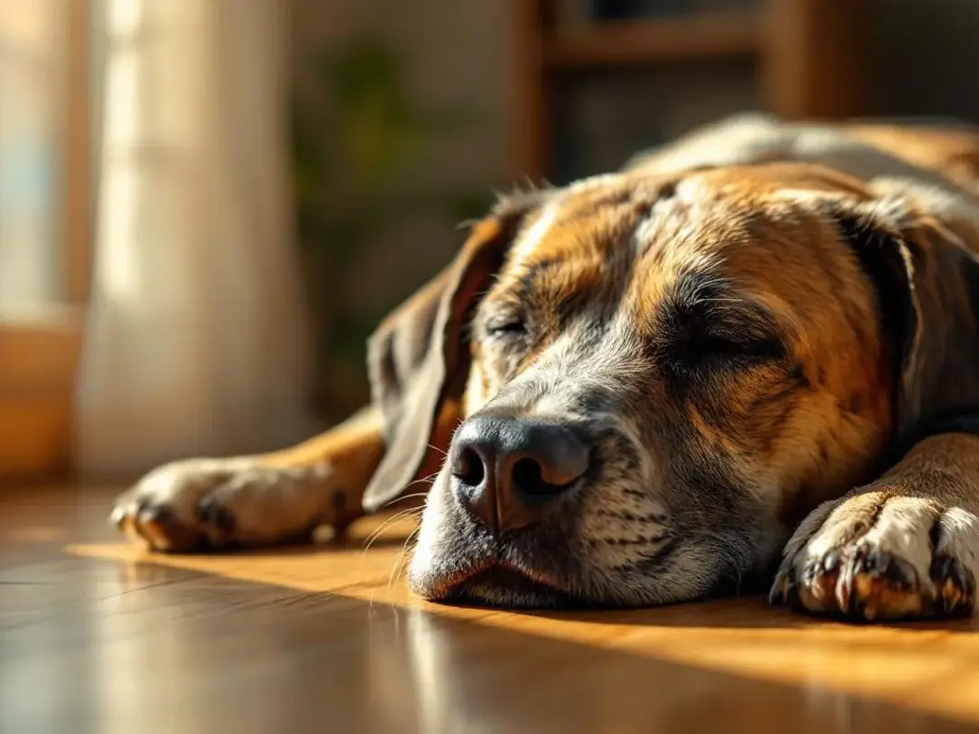 An elderly dog is peacefully sleeping in a sunny spot, showcasing its natural circadian rhythm behavior. This serene...