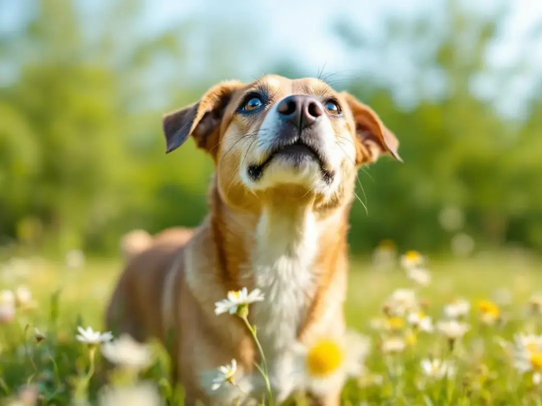 A dog with its nose raised is depicted, engaging in the sniffing behavior that allows domestic dogs to analyze scents...