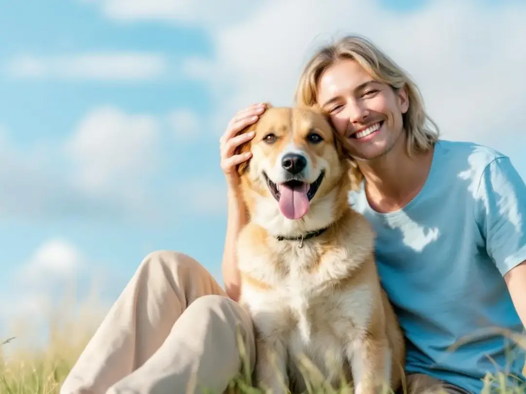 A person sits peacefully with their pet dog, showcasing the strong bond and cooperative relationship between humans and...