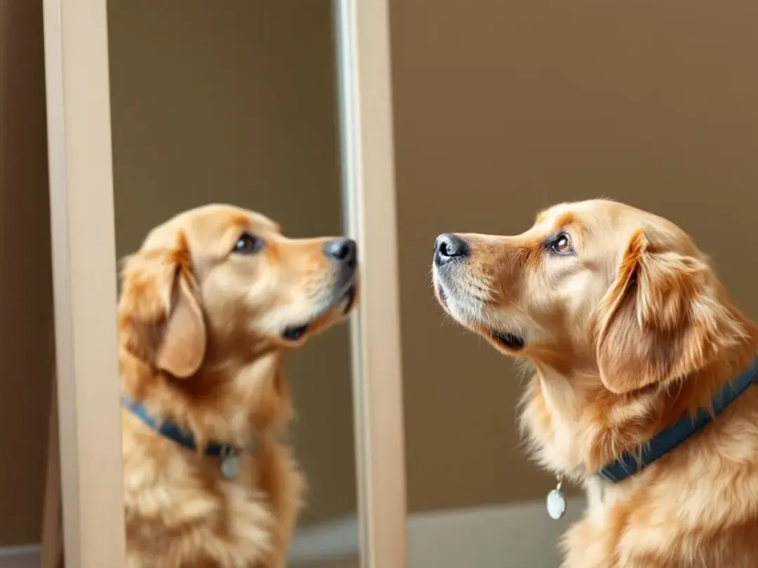 A curious dog gazes into a mirror, seemingly puzzled by its reflection, illustrating the typical canine response in...