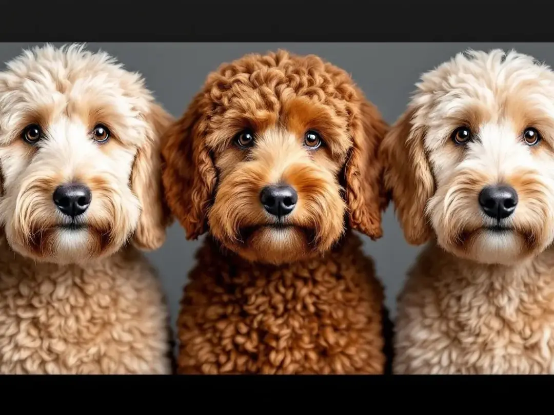 A close-up comparison displays three different Goldendoodle coat textures side by side, showcasing a curly coat, a wavy...