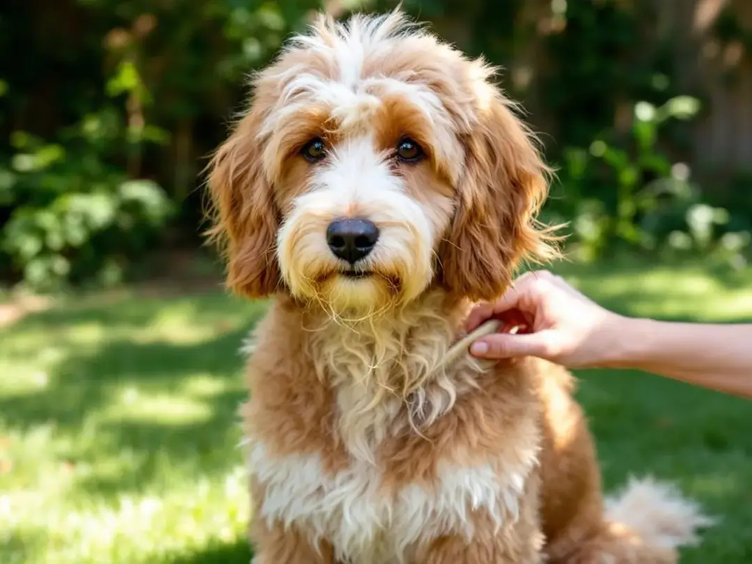 A goldendoodle is being brushed outdoors, with loose hairs from its curly coat visible on the slicker brush. This...