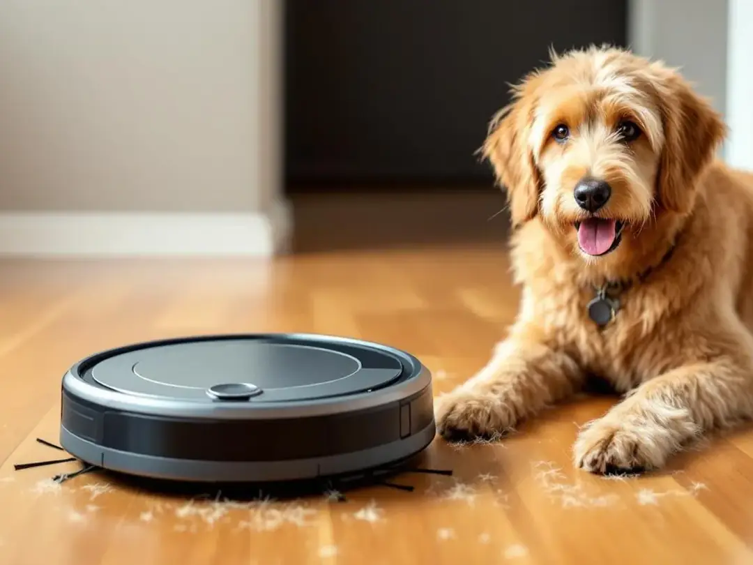 A robot vacuum is actively cleaning dog hair from a hardwood floor, while a Goldendoodle watches closely nearby. The...