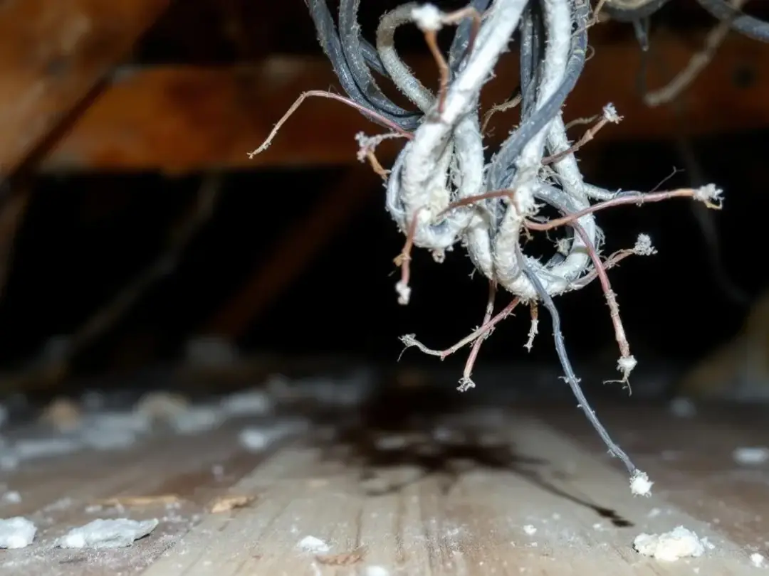 In the image, damaged electrical wiring shows visible chew marks, indicating a rat problem in the home attic. This...