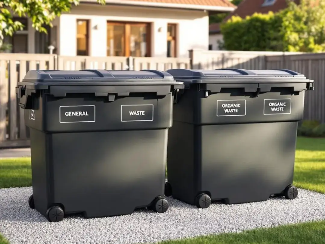 In a residential yard, a professional waste disposal setup is visible, featuring secure, lidded containers designed for...