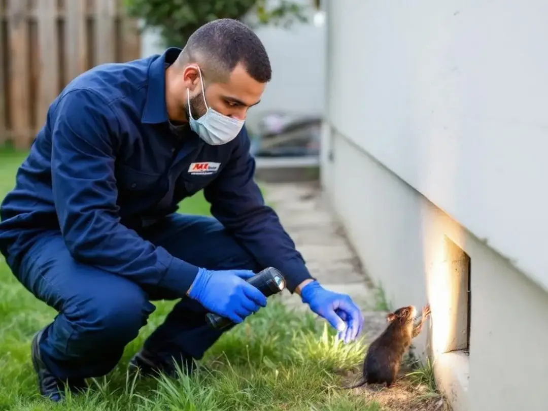 A professional pest control specialist is inspecting a property, closely examining areas for signs of rat activity such...
