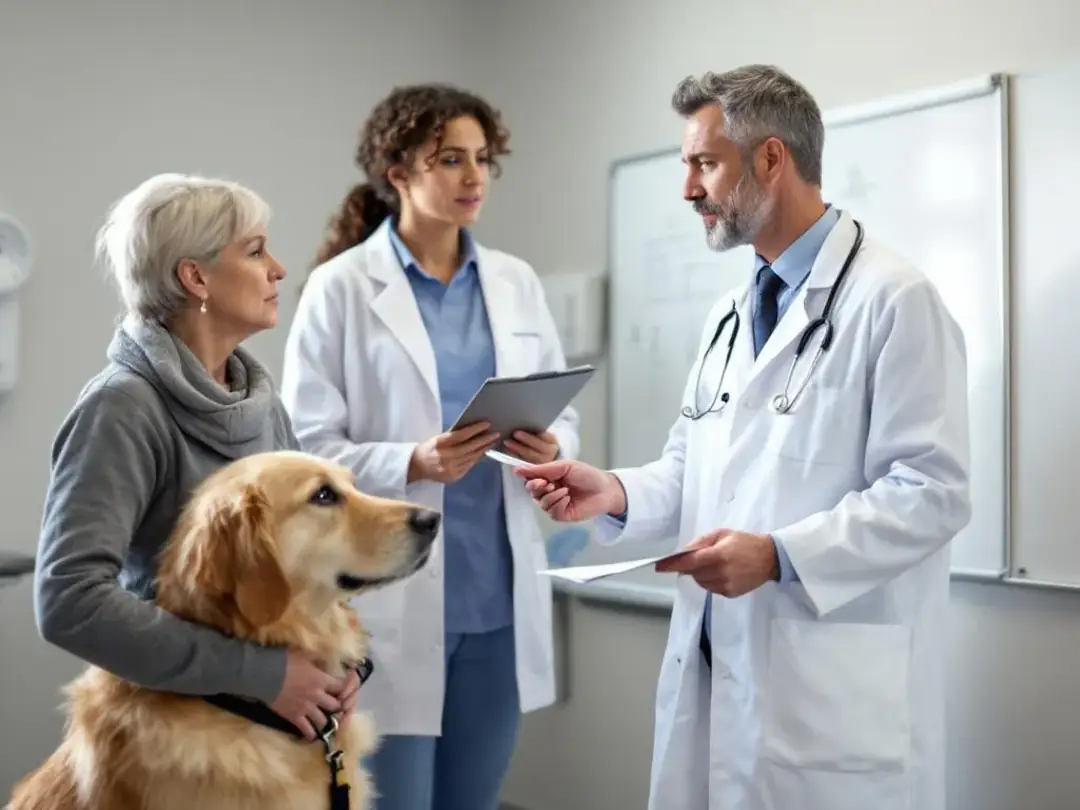 A veterinarian is attentively explaining the effects of trazodone for dogs to a concerned dog owner, addressing issues...