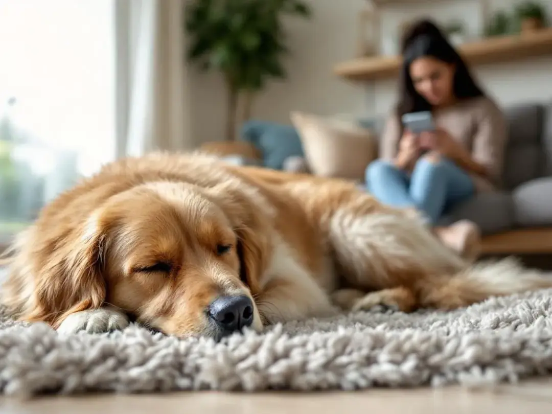 A calm dog is resting peacefully on a soft surface while its owner monitors nearby, ensuring the dog's comfort during a...