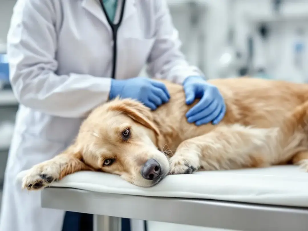 A veterinarian is examining a golden retriever on an examination table, looking for signs of potential medical...