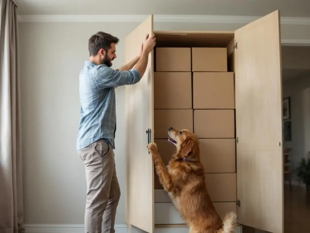 A dog owner is placing cardboard boxes into a high cabinet, keeping them out of reach of their curious dog below, who...
