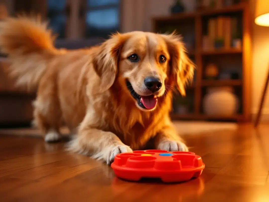A happy dog is joyfully playing with a colorful puzzle toy in a serene evening setting, showcasing its playful nature...