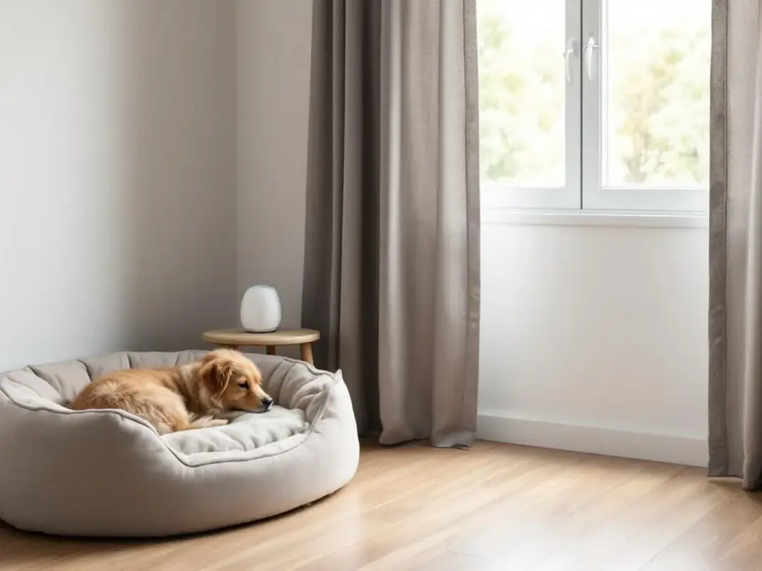 A serene bedroom setup features a cozy dog bed, a white noise machine for soothing sounds, and blackout curtains to...