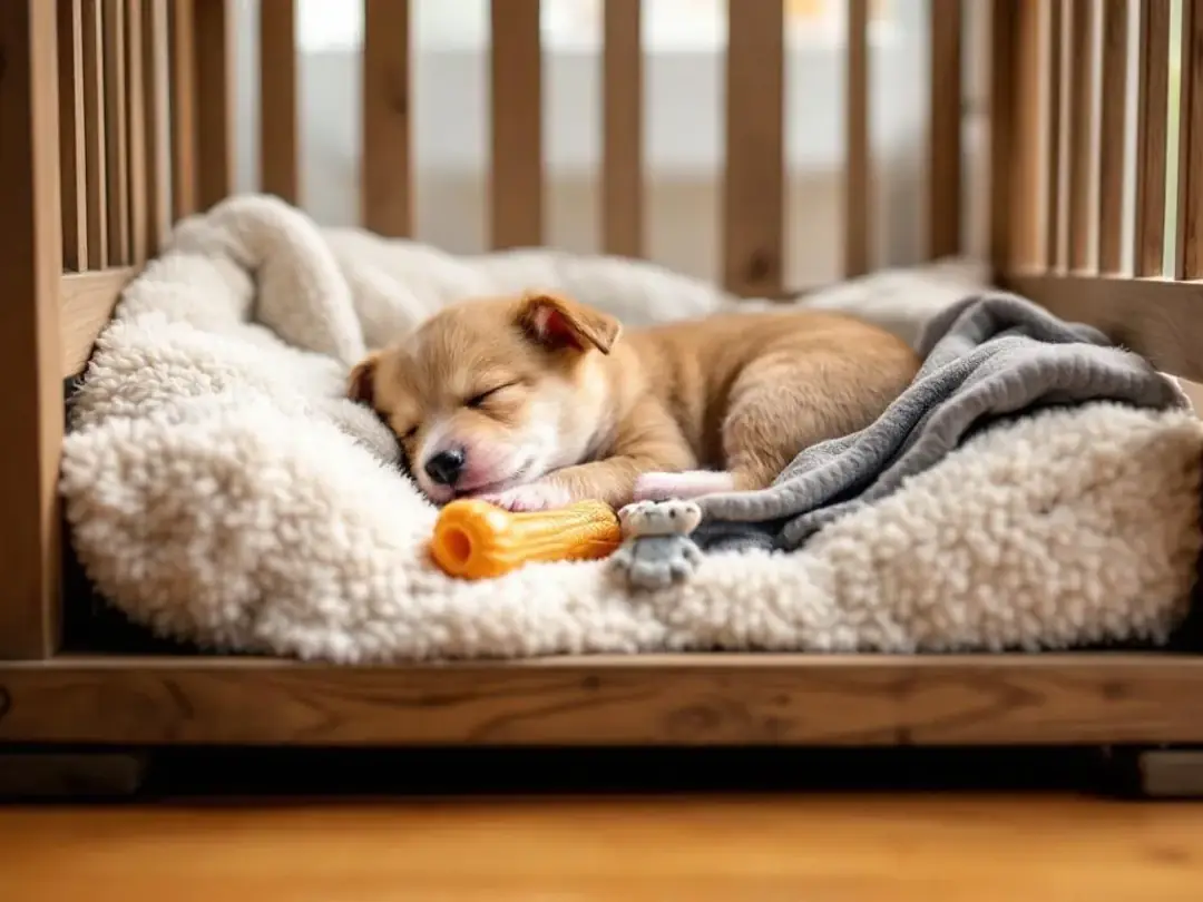 A crate-trained puppy is sleeping peacefully inside its crate, surrounded by comforting items like a soft blanket and a...