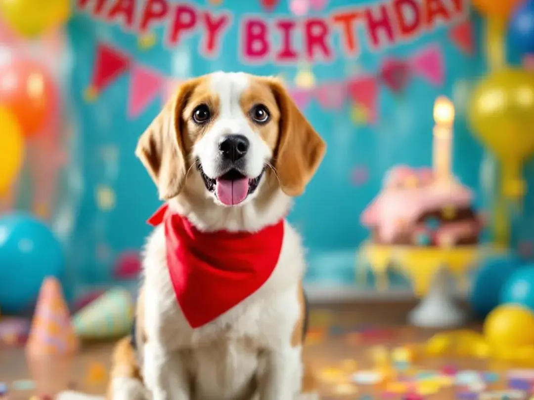 A beagle wearing a bright red birthday bandana sits happily in a decorated party space filled with colorful decorations...