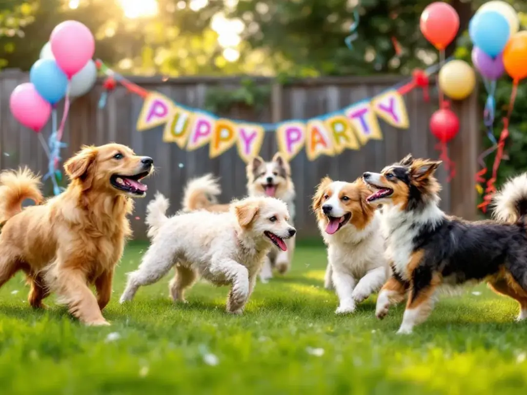 In a fenced backyard decorated with colorful party items, multiple dogs of different breeds are joyfully playing...