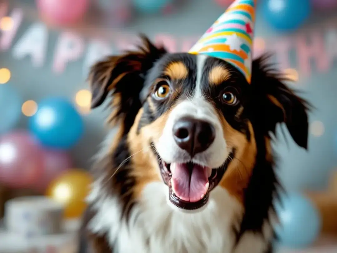 A close-up of a smiling border collie wearing a festive party hat, surrounded by soft-focus birthday decorations...
