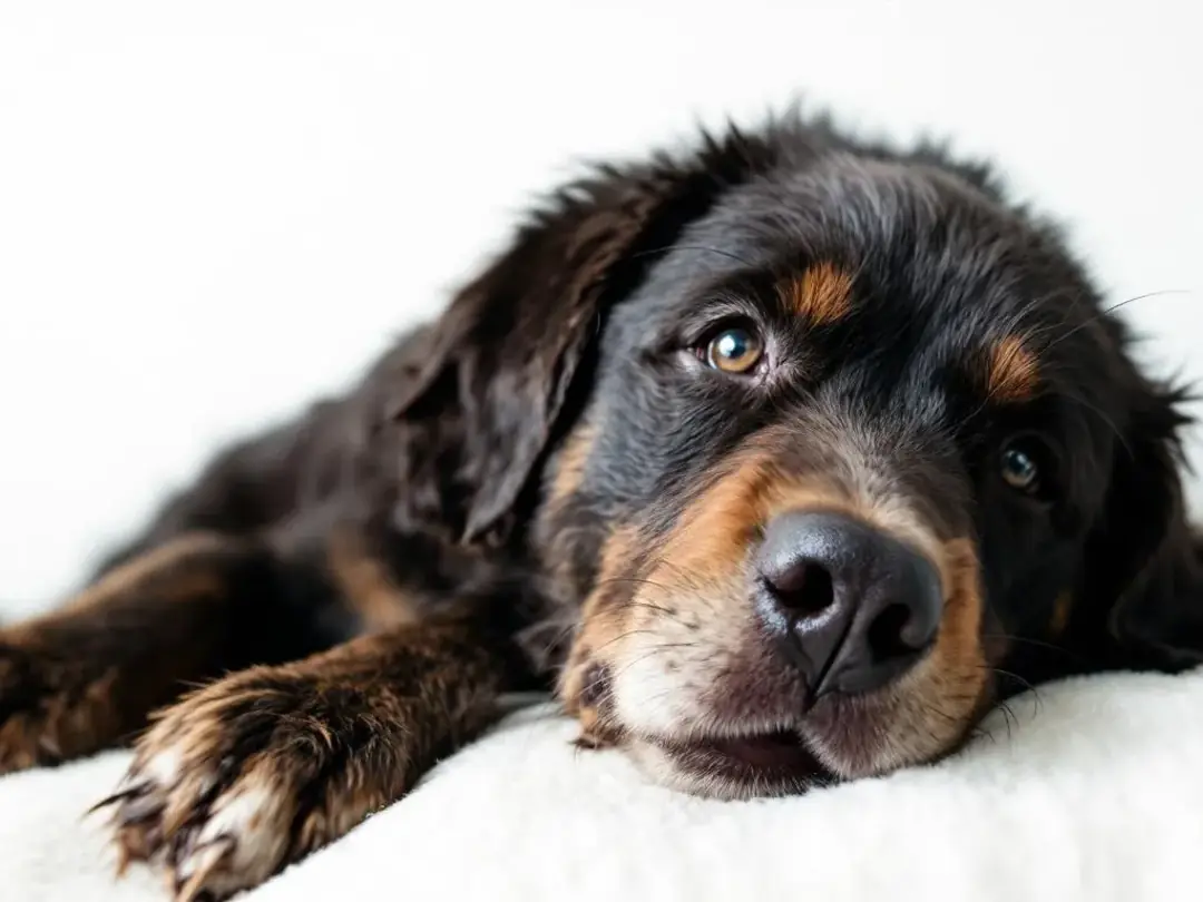 The image depicts a dog showing noticeably labored breathing, with its mouth open and chest visibly moving as it...