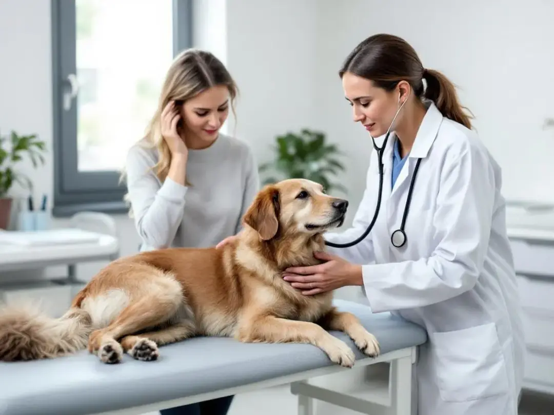 In a clinical setting, a veterinarian is examining a dog using a stethoscope, while the dog's owner observes closely...