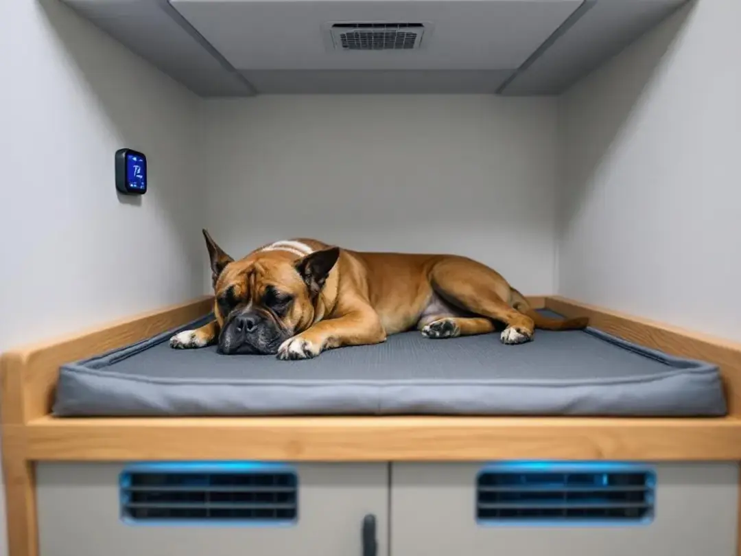 The image depicts a cozy sleeping area for a dog, featuring an elevated bed with proper ventilation and visible...